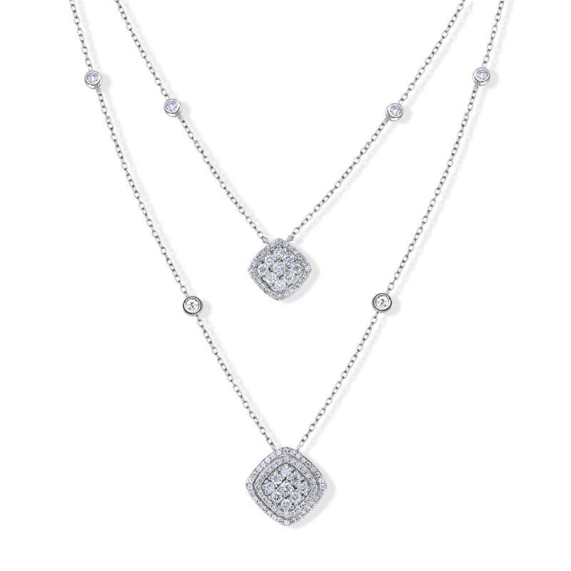 Diamond Cluster Weave Halo Double Layer Necklace
