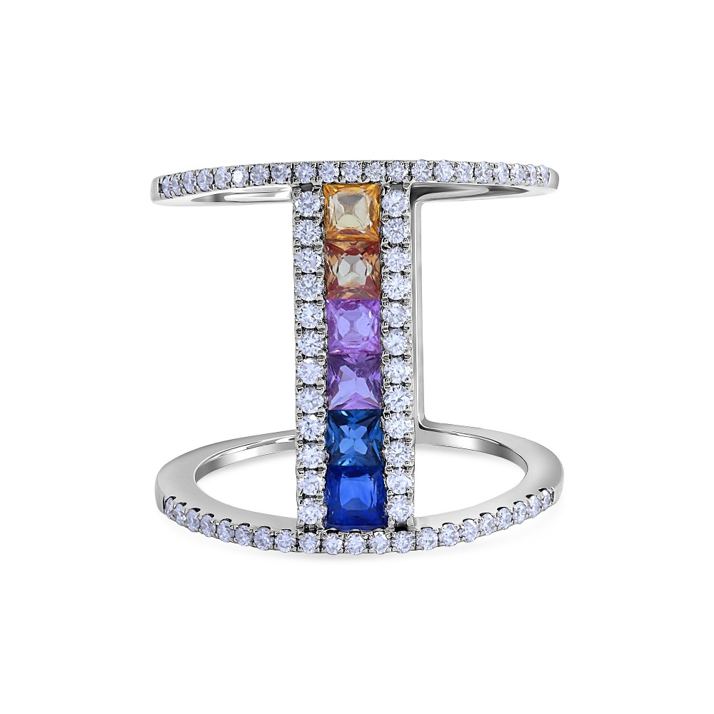 rainbow vertical bar double ring white gold