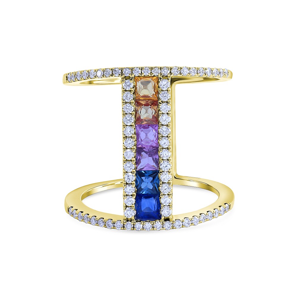 rainbow vertical bar double ring yellow gold