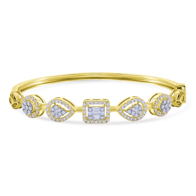 An image of a stunning diamond halo pear cluster bangle bracelet, featuring a pear-shaped diamond surrounded by a halo of smaller diamonds arranged on a bangle bracelet