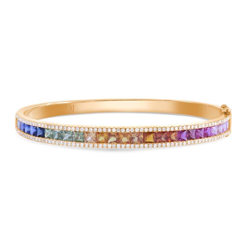 An image of a beautiful diamond rainbow gemstone half eternity bangle bracelet, featuring a variety of colorful gemstones and sparkling diamonds arranged in a half eternity design on a bangle bracelet