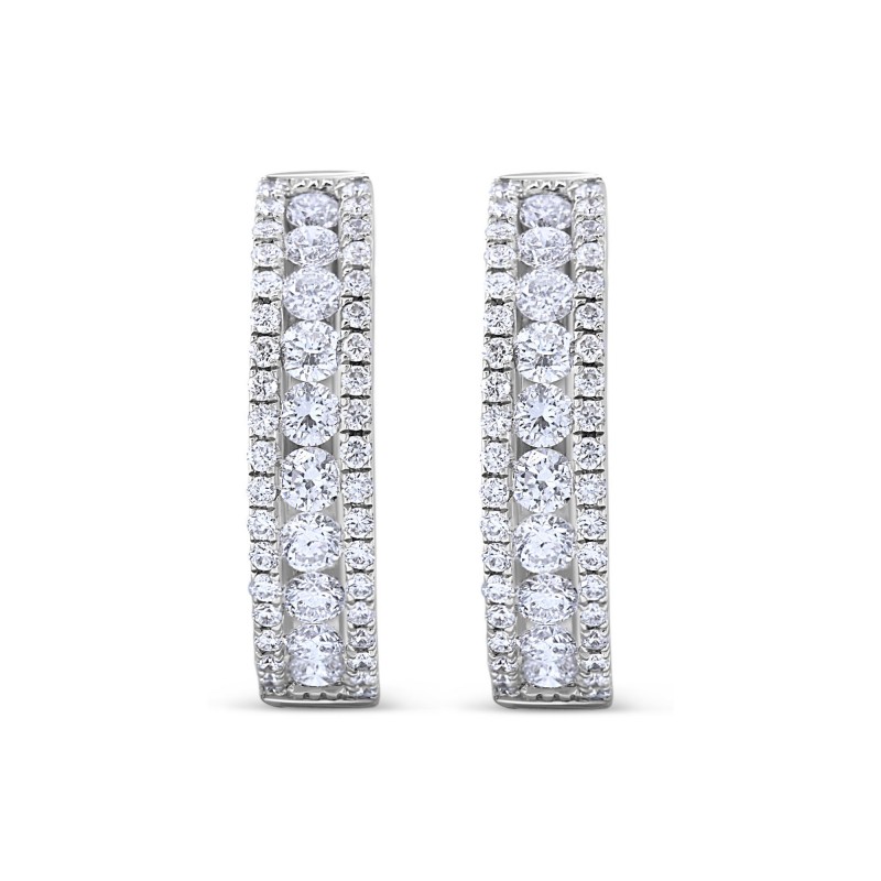 Stylish hinge-back triple row diamond hoop earrings, featuring three rows of sparkling diamonds arranged on a hinge back hoop earring