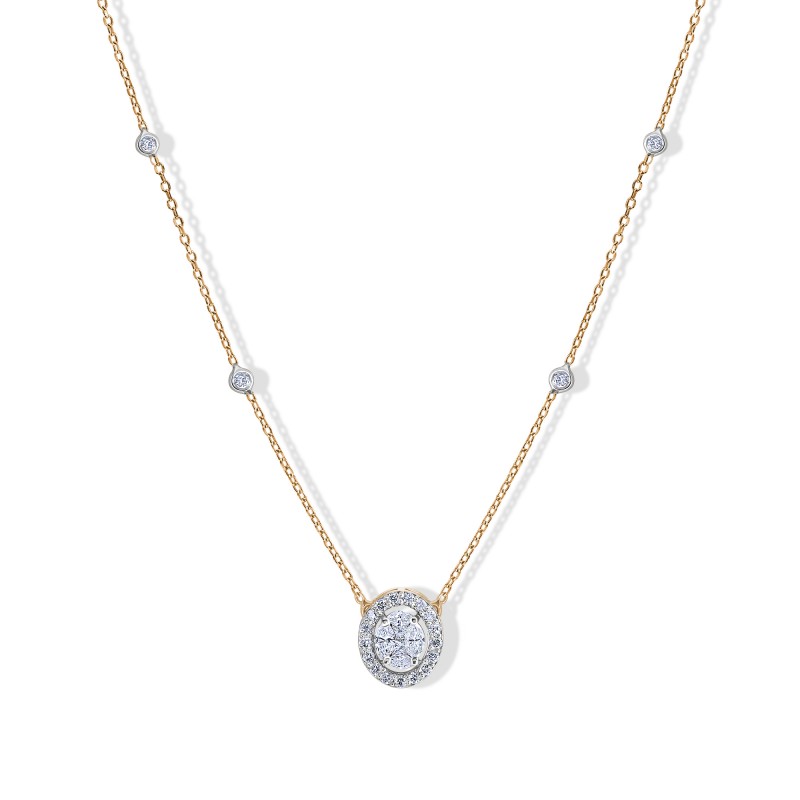 Magnificent oval diamond cluster halo pendant station necklace, featuring an round-shaped diamond center surrounded by a halo of smaller diamonds and pendant stations hanging on a chain necklace