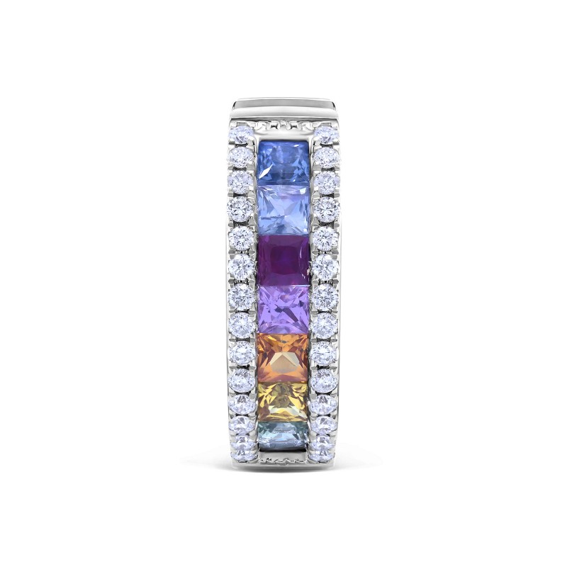Simulated Rainbow Sapphire & Natural Diamond Channel Hoop Earrings